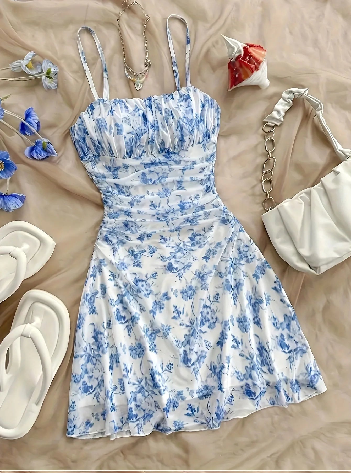 French Style Sweet Empire Waist Floral Strappy Dress Slim Fit Summer Casual Short Skirt