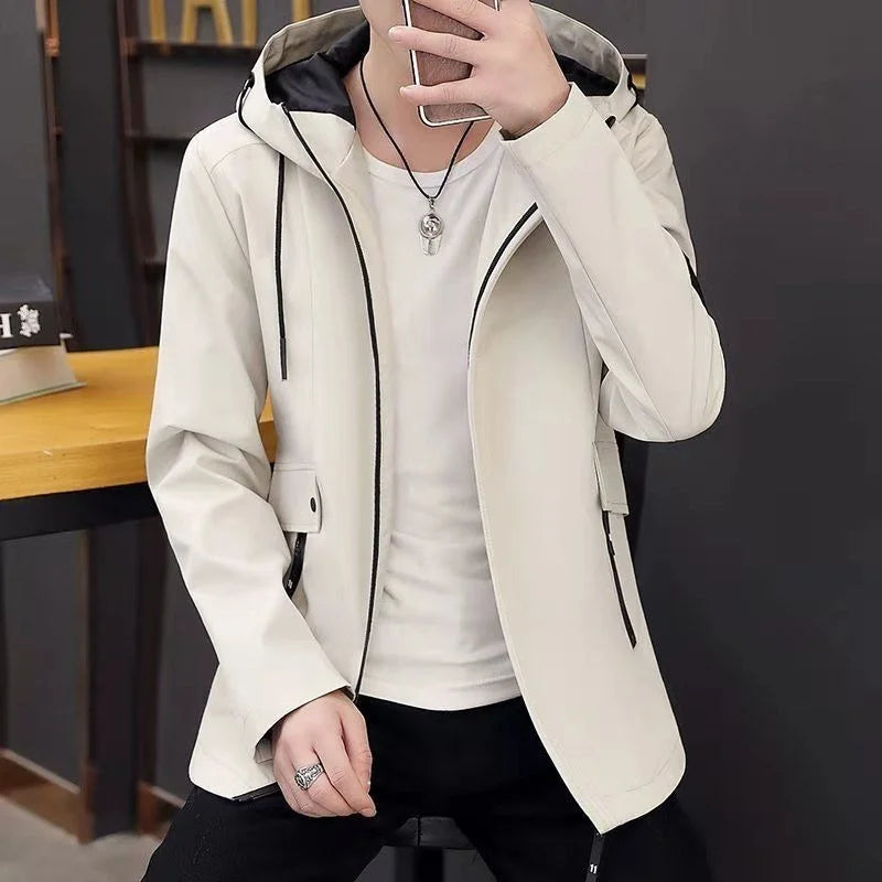 New Trench Coat Men's Solid Color Hooded Jacket Young and Middle-Aged Korean Style Slim Fit Jacket Casual Long Tops Parkas Coats