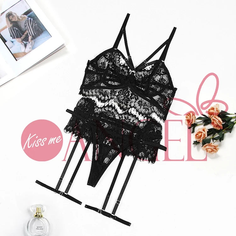 KISS ME ANGEL Sexy Lingerie Black Sexy Hollowout See-through Lace Eyelash Decoration Cute Girl Sexy Bra Panty Set Images