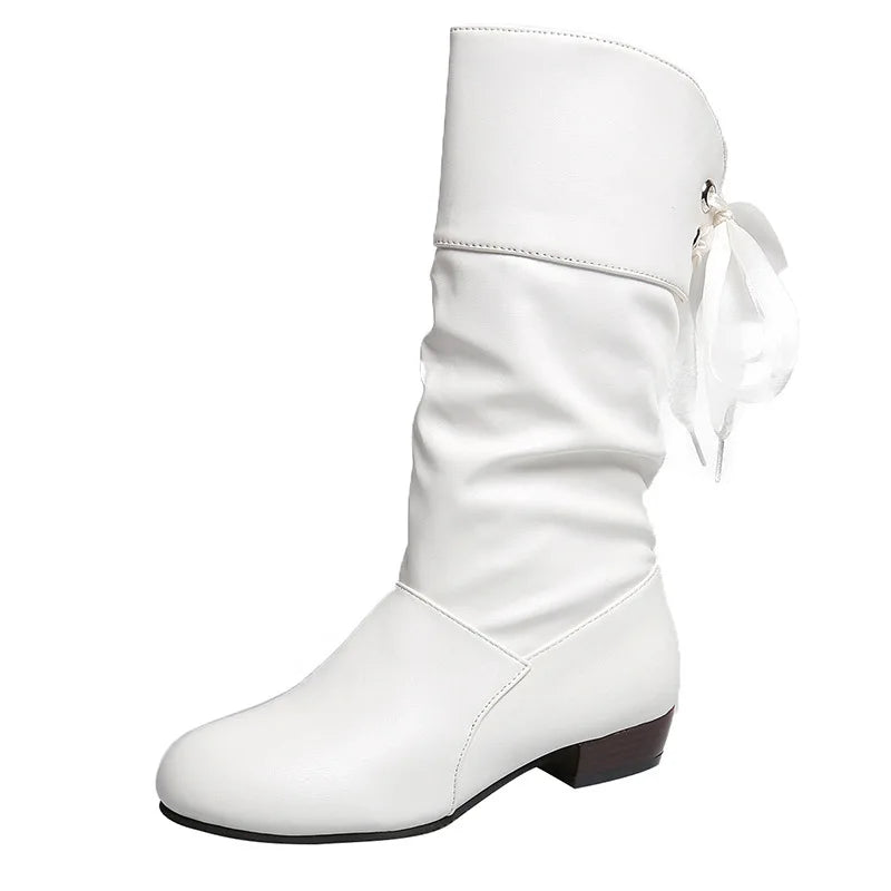 Nuo Large Size Mid-Calf Riding Boots for Women Low Heel Lace Closure Solid Warm