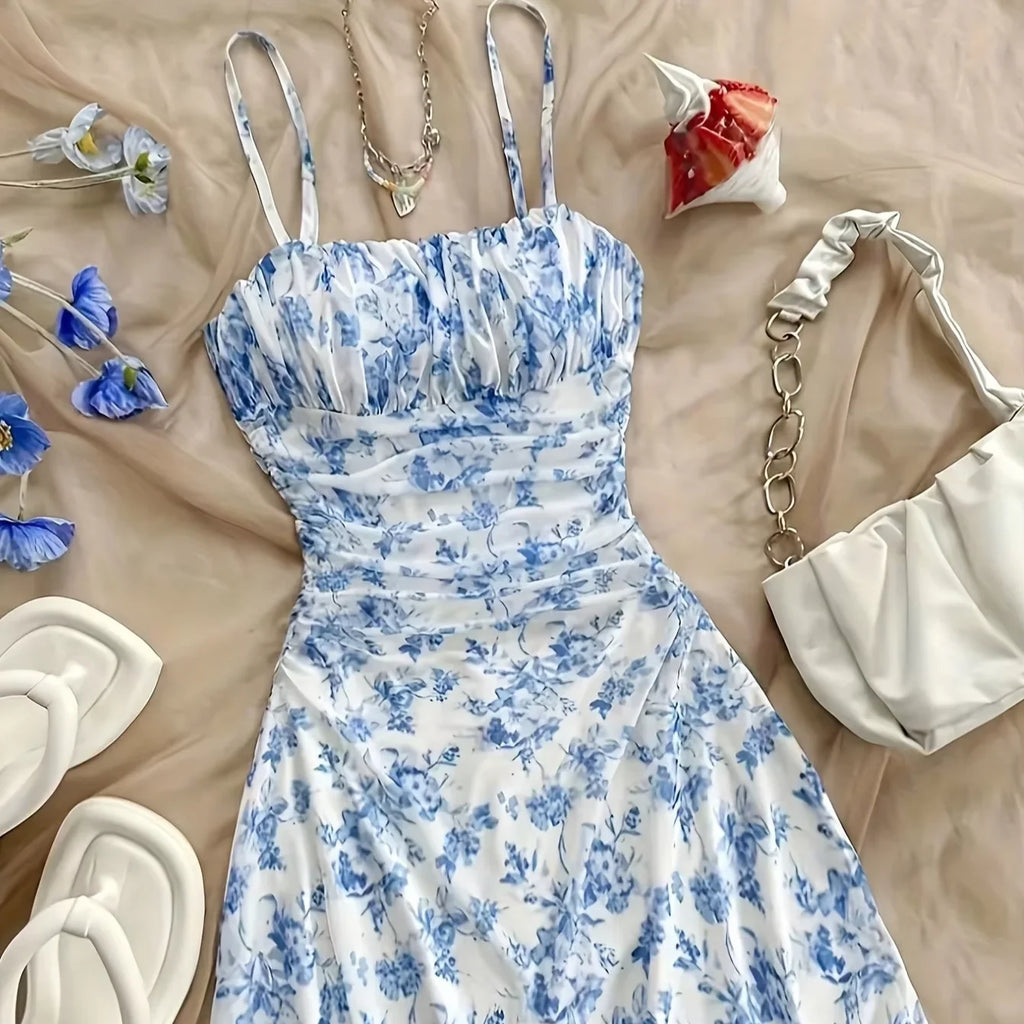 French Style Sweet Empire Waist Floral Strappy Dress Slim Fit Summer Casual Short Skirt