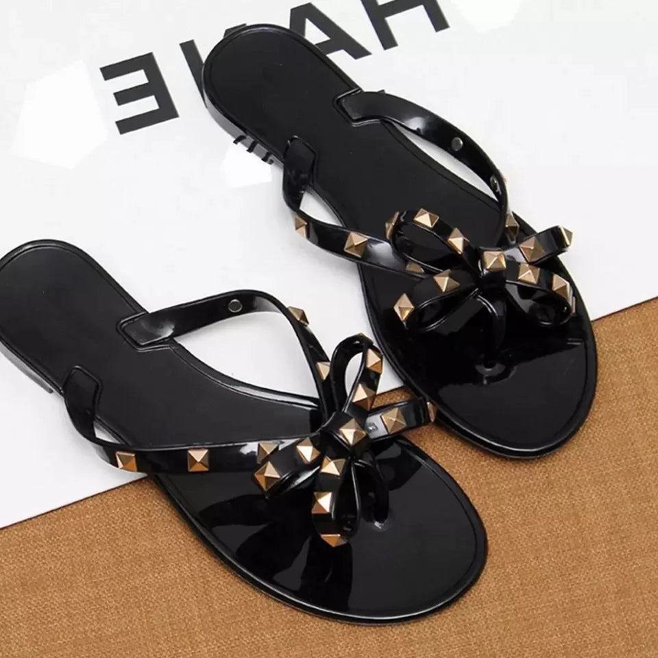 New Rivet Bow Sandals and Slippers Summer Transparent Crystal Shoes Women Outdoor Flip Flops