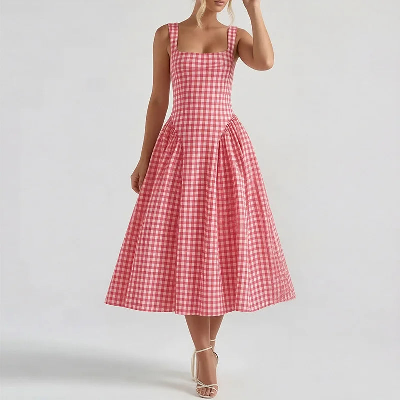 2026 New Arrival Women Gingham Midi Dress Spaghetti Strap Square Neck High Waist Flared Skirt Factory Wholesale Fast Shipping
