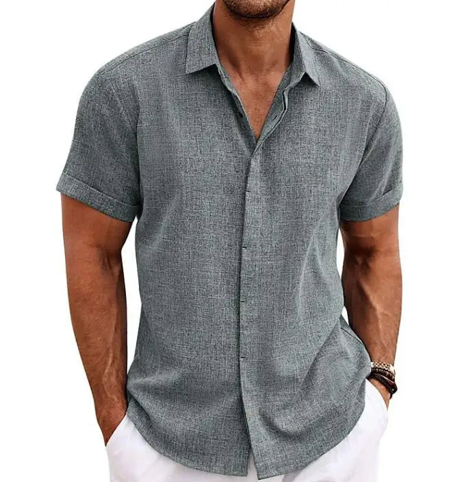 Summer New Men's Solid Shirt Casual Style White Short Sleeve Blouse Men Cotton Linen Knitted Formal Shirt for Adult