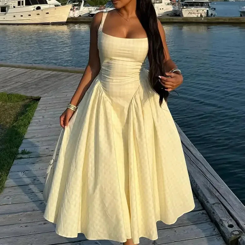 2026 Summer Women Elegant Solid Square Neck Smocked Bodycon Eco-Friendly Breathable Party Midi Dress for European American