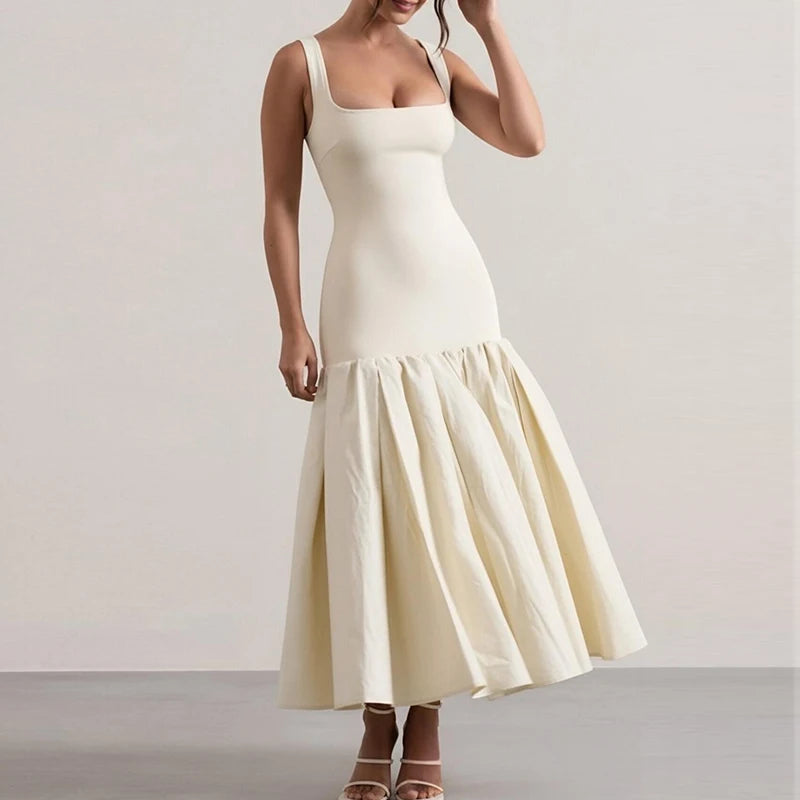Elegant Square Neck Spaghetti Strap Solid Color Mermaid Hem Midi Dress Women Casual Dress Simple Style Fast Shipping