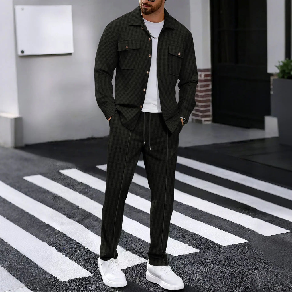 Autumn New Style High-quality Breathable Men's Waffle Long-Sleeved Pants Casual Double-Pocket Workwear Jacket Set
