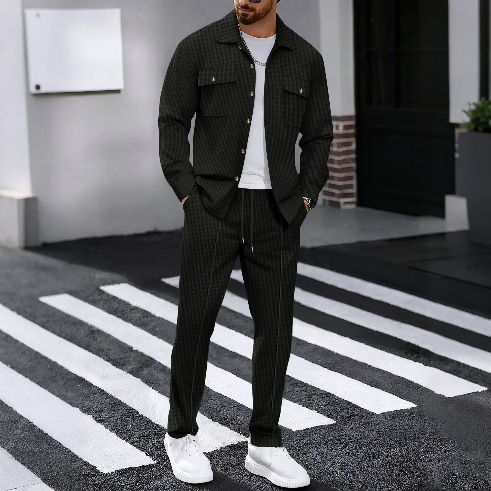 Autumn New Style High-quality Breathable Men's Waffle Long-Sleeved Pants Casual Double-Pocket Workwear Jacket Set