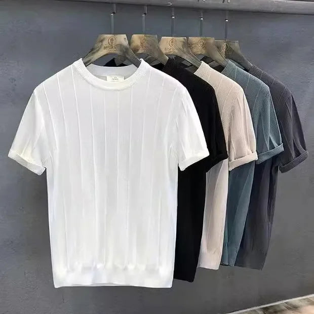 Knitted T-Shirt for Men, Summer New Round Neck T-Shirt, Short Sleeve, Thin Korean Style Base Shirt, Stylish Knit Top