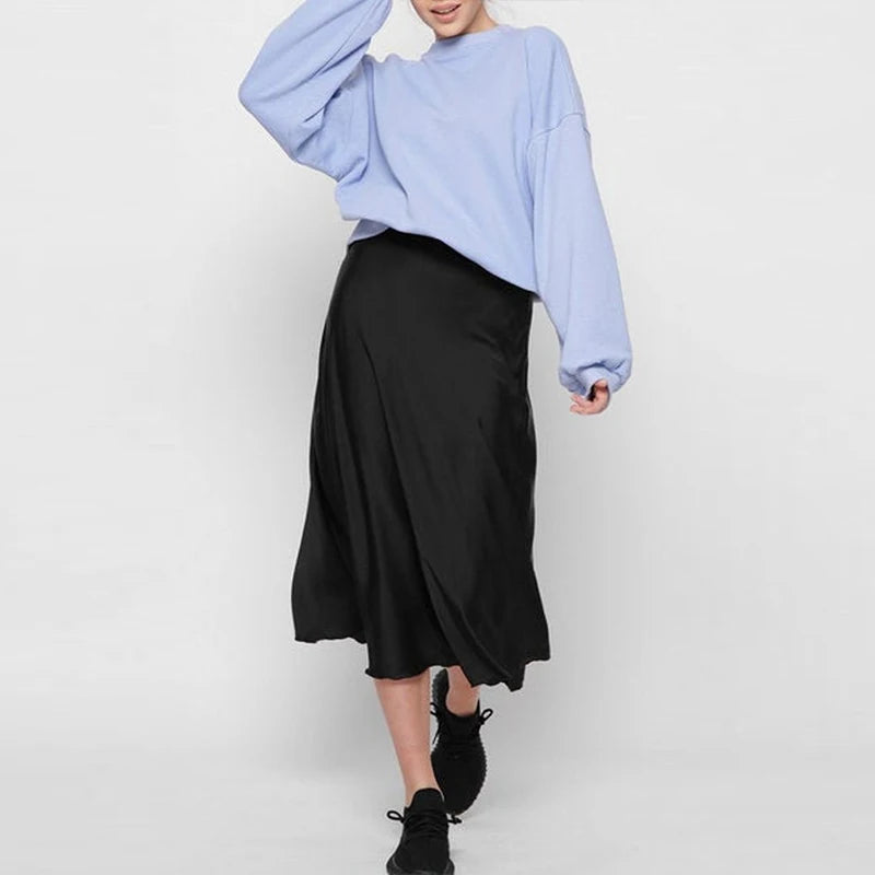 Summer Vintage Satin Elegant High Waist Office Lady Skirt