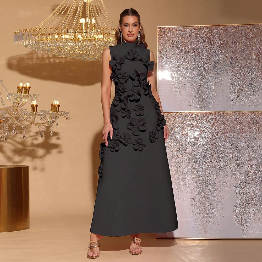 2026 New French pink Sleeveless Three-dimensional Floral A-line Maxi Dress Arrival Panelled Stand Collar Evening Dress