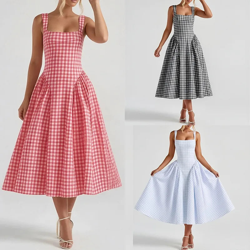 2026 Summer Women Elegant Solid Square Neck Smocked Bodycon Eco-Friendly Breathable Party Midi Dress for European American