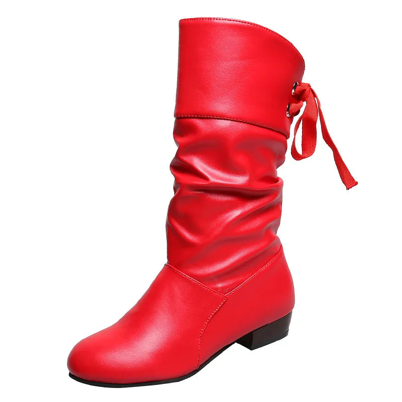 Nuo Large Size Mid-Calf Riding Boots for Women Low Heel Lace Closure Solid Warm