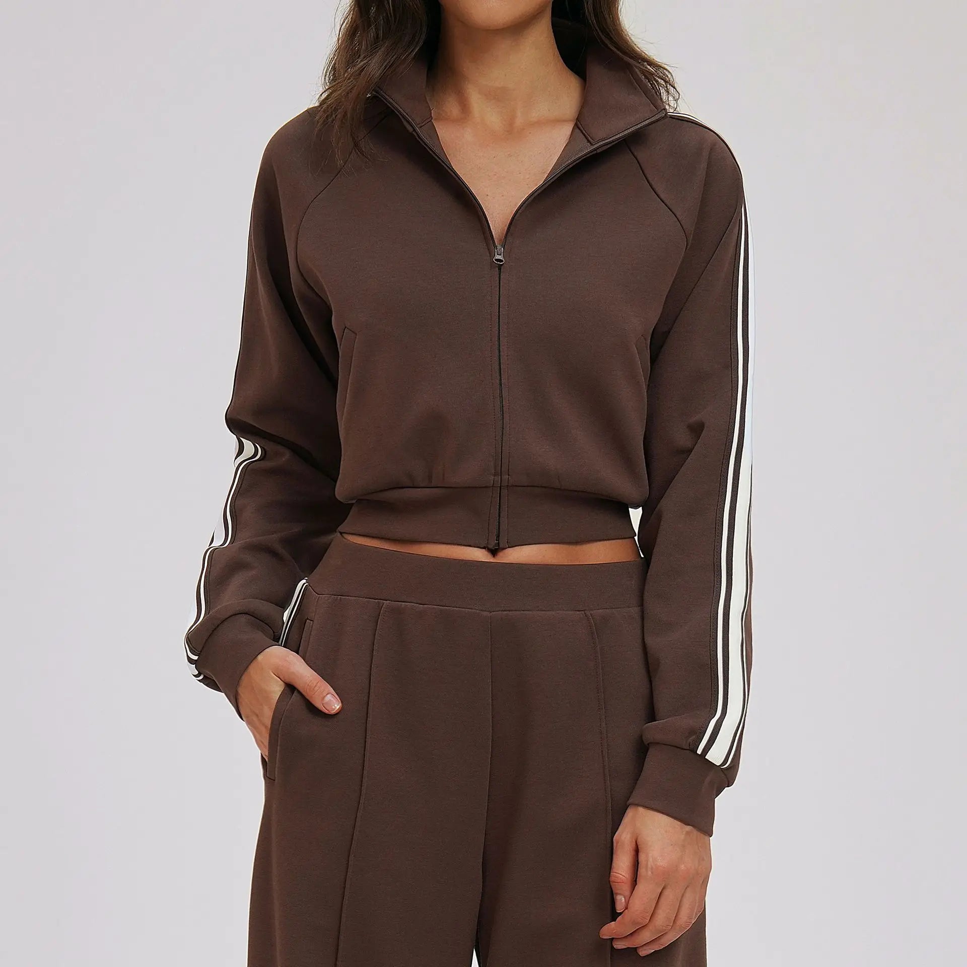 Women Casual Autumn Spring Solid Lace Sports 2-Piece Set Stand Neck Crop Top Full Sleeve High Waist Elastic Waist Pants