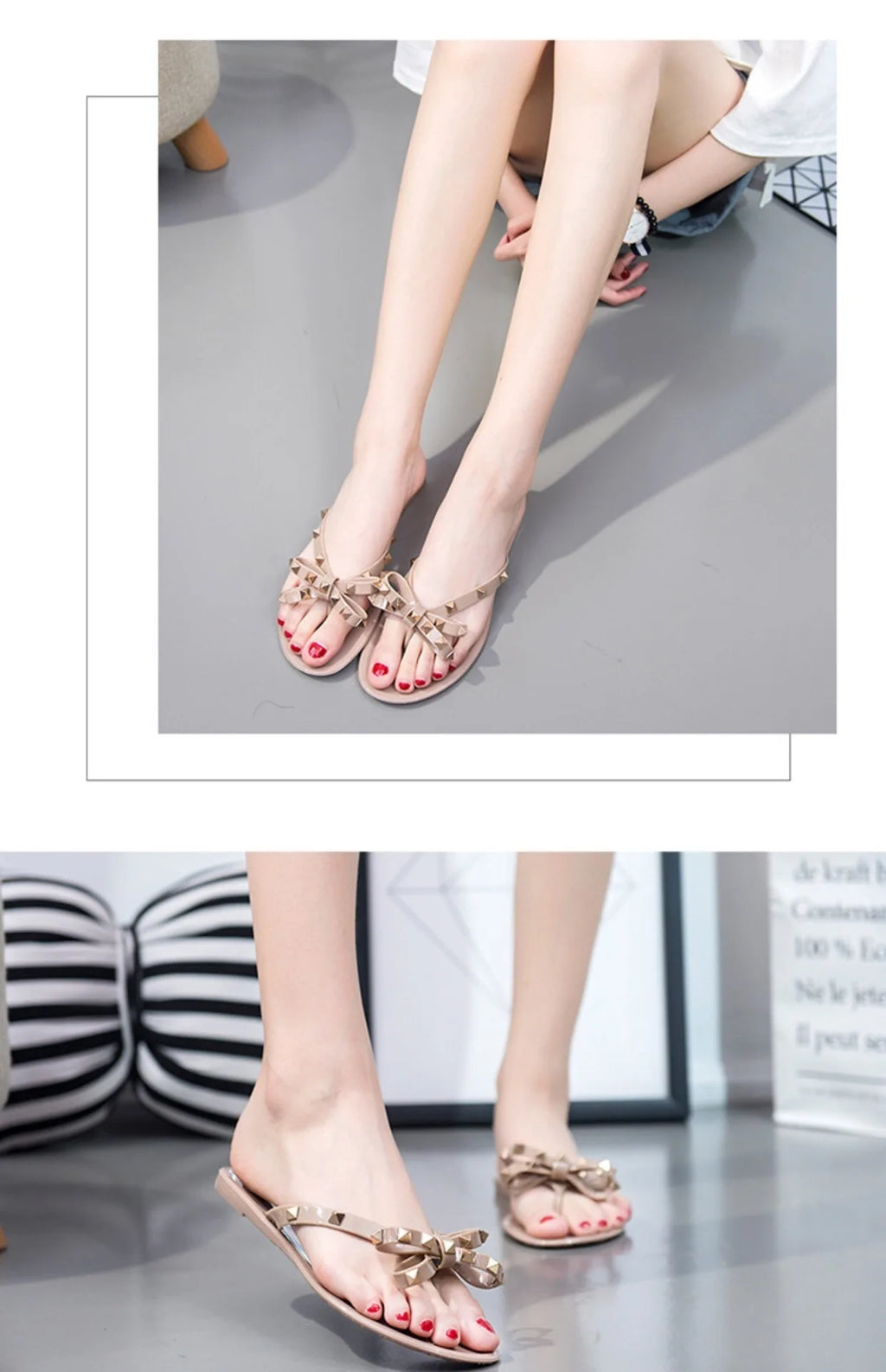 New Rivet Bow Sandals and Slippers Summer Transparent Crystal Shoes Women Outdoor Flip Flops