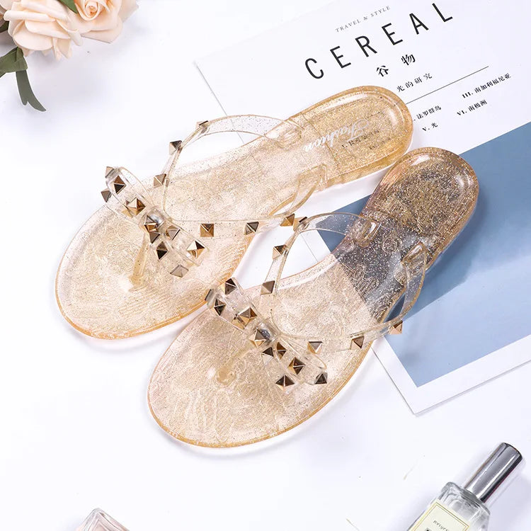 New Rivet Bow Sandals and Slippers Summer Transparent Crystal Shoes Women Outdoor Flip Flops