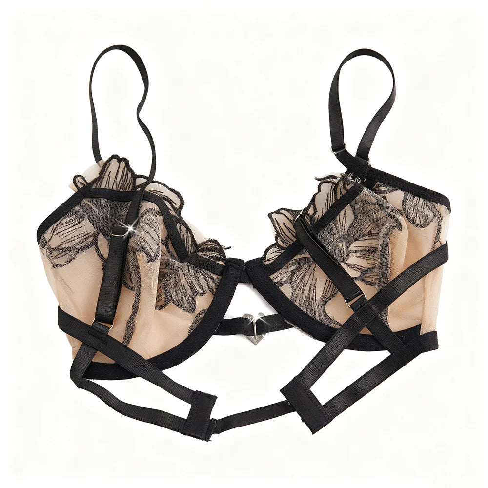US Stock Sexy Floral Lace Embroidery Bra & Thong Set Sheer Mesh Underwire Lingerie Set