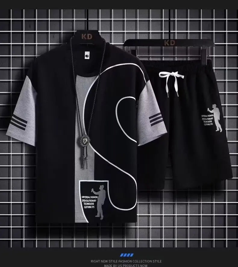 Plus Size Summer Casual Men T-Shirts Printing T Shirt Mens Graphic Tees Shirt Custom Print Tshirt Streetwear Two Piece Short Set