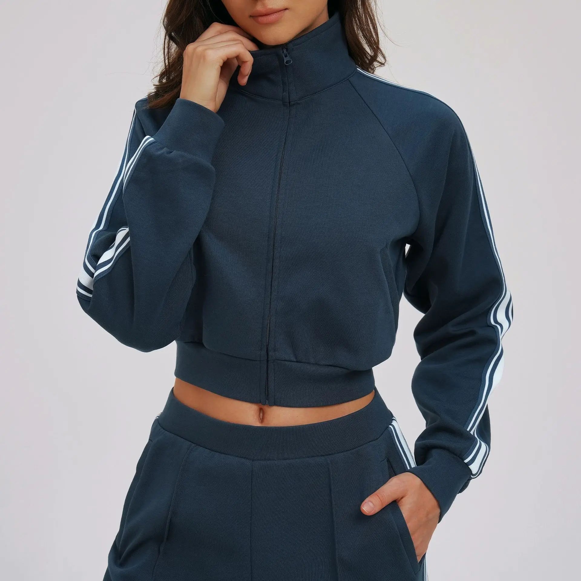 Women Casual Autumn Spring Solid Lace Sports 2-Piece Set Stand Neck Crop Top Full Sleeve High Waist Elastic Waist Pants