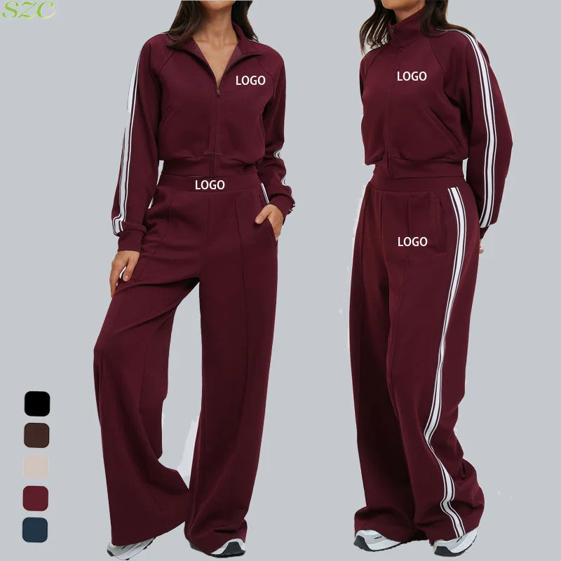 Women Casual Autumn Spring Solid Lace Sports 2-Piece Set Stand Neck Crop Top Full Sleeve High Waist Elastic Waist Pants