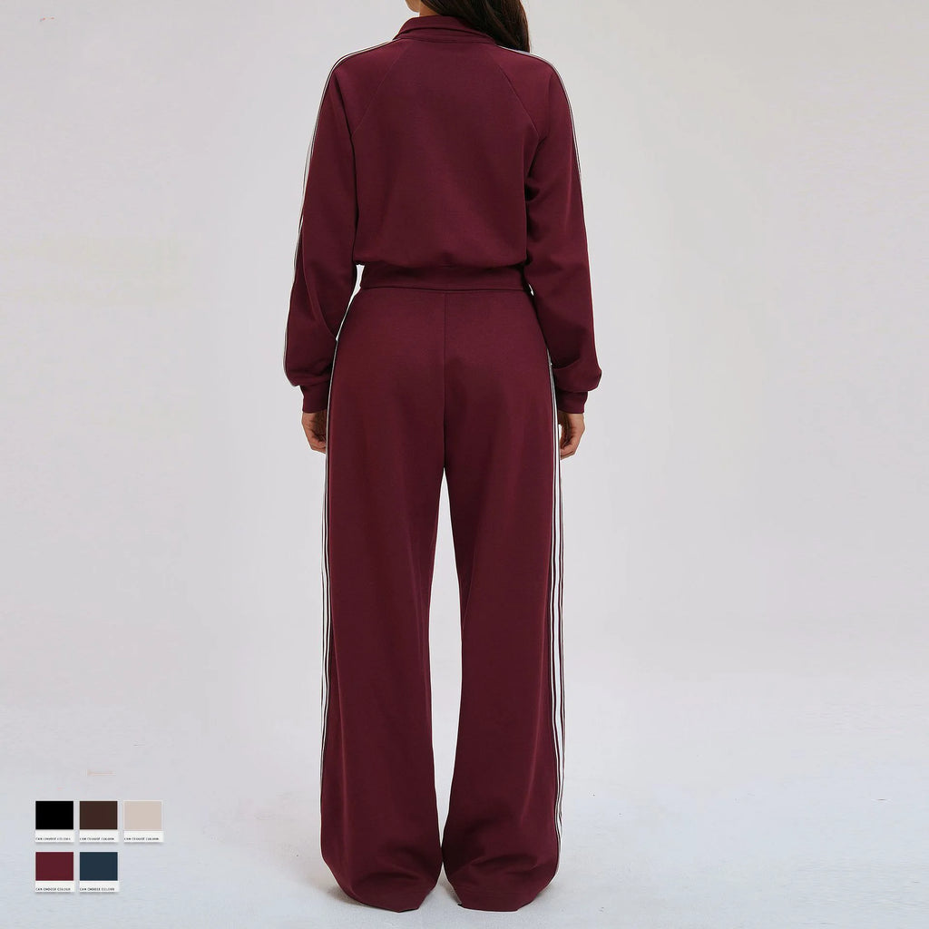 Women Casual Autumn Spring Solid Lace Sports 2-Piece Set Stand Neck Crop Top Full Sleeve High Waist Elastic Waist Pants
