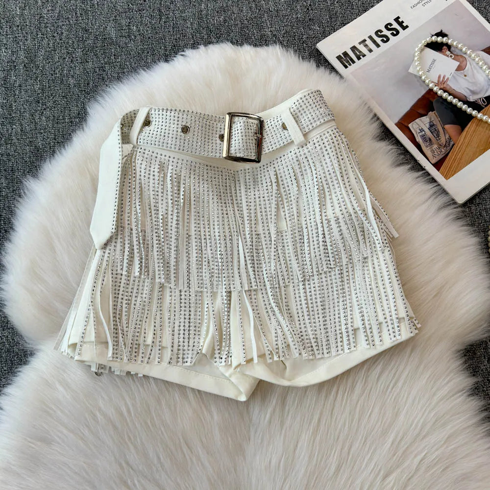 Boutique Wholesale 2025 Summer New Fashionable Retro Tassel Inlaid with Diamonds Sexy Mid Waist Women's Shorts