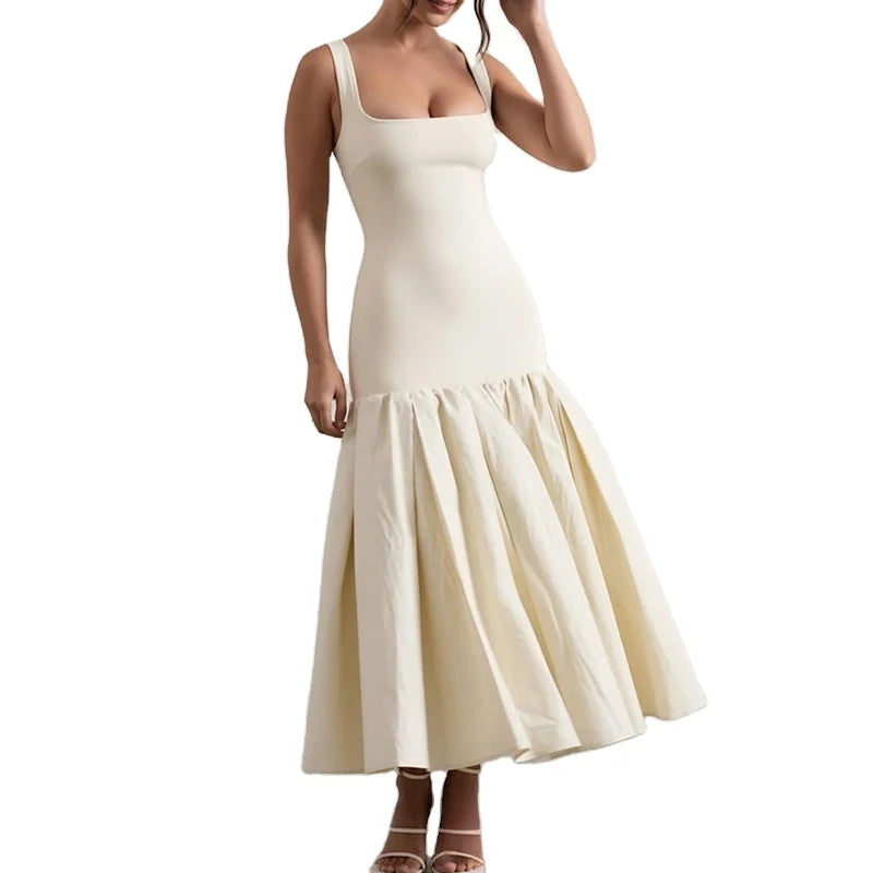 Elegant Square Neck Spaghetti Strap Solid Color Mermaid Hem Midi Dress Women Casual Dress Simple Style Fast Shipping