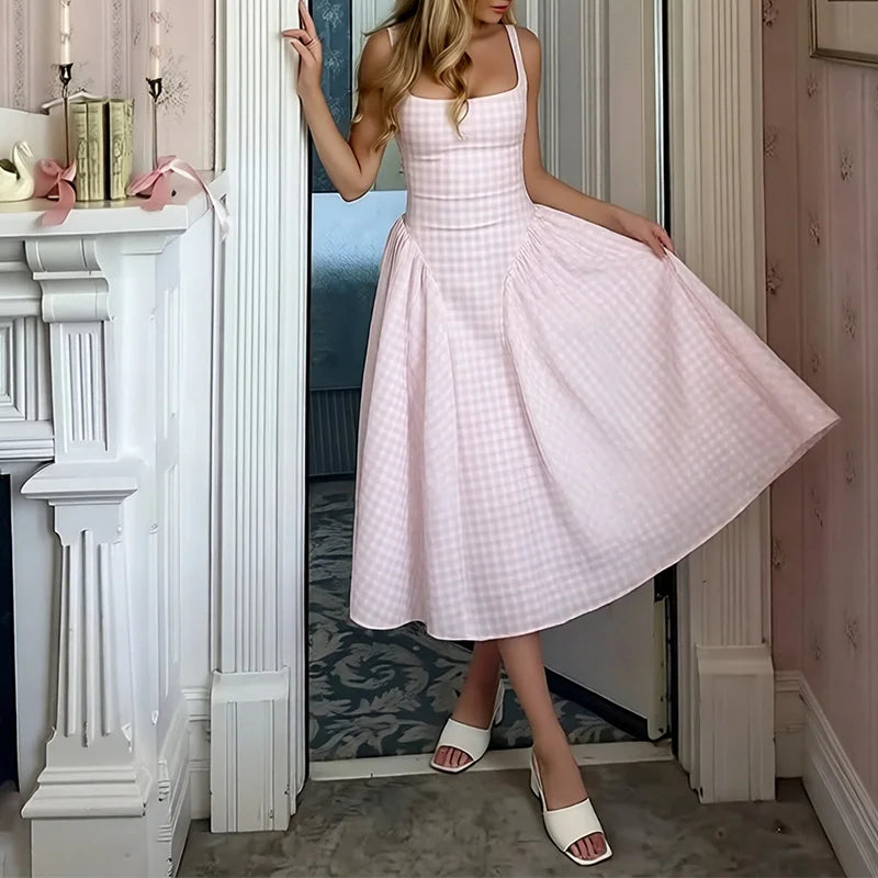 2026 New Arrival Women Gingham Midi Dress Spaghetti Strap Square Neck High Waist Flared Skirt Factory Wholesale Fast Shipping