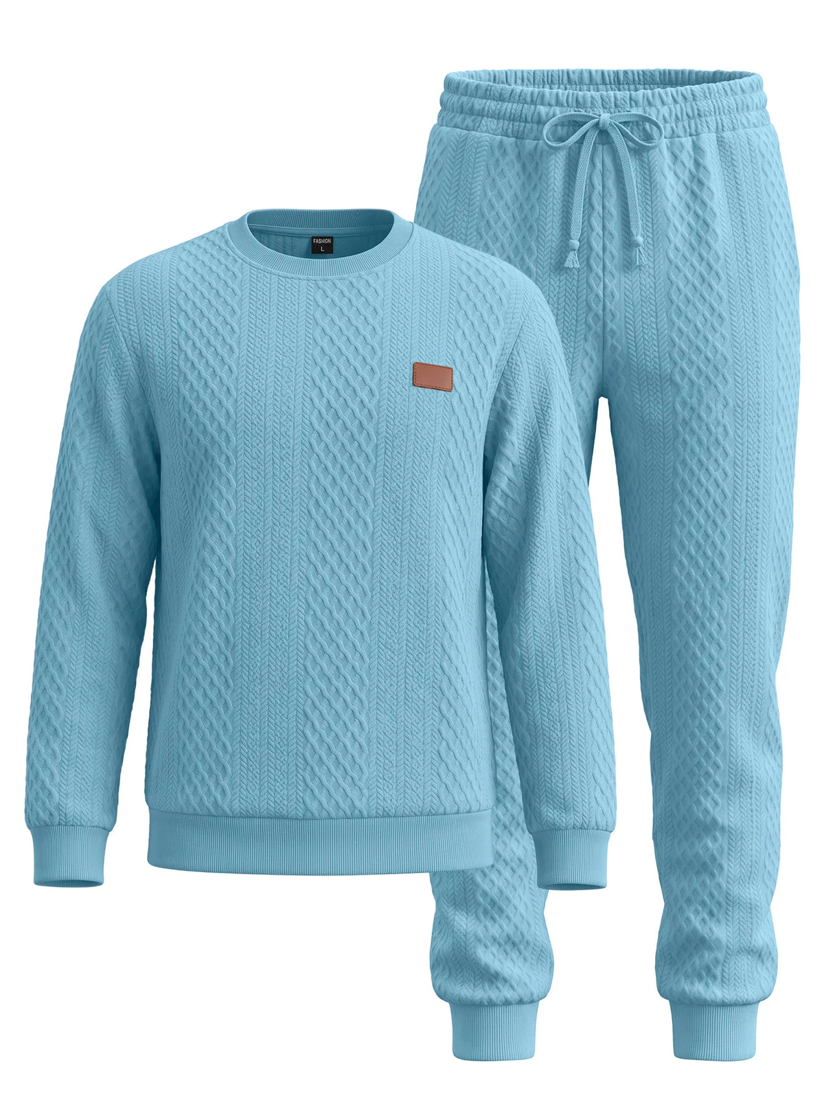 Soft Warm Jacquard Fleece Crew Neck Drawstring 2 Piece Men Long Sleeve Daily Training Tracksuit Set