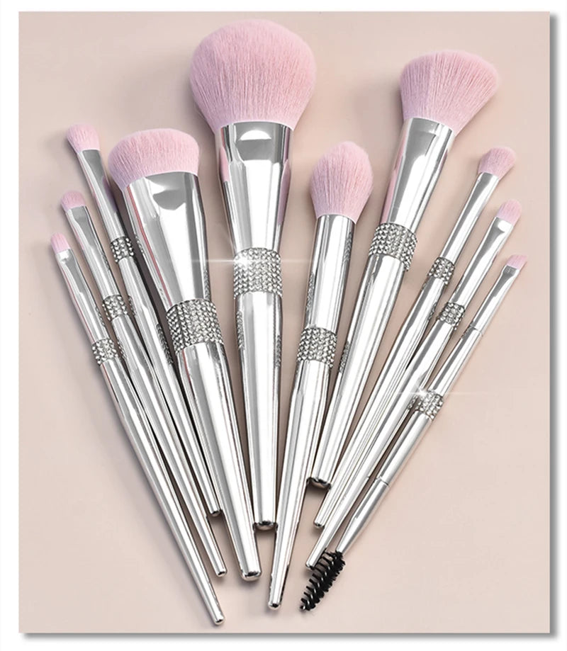 LOYBJ 10pcs Diamond Makeup Brushes Set Cosmetics Blending Tool Powder Foundation Blush Highlight Eyeshadow Eyebrow Eyelash Brush