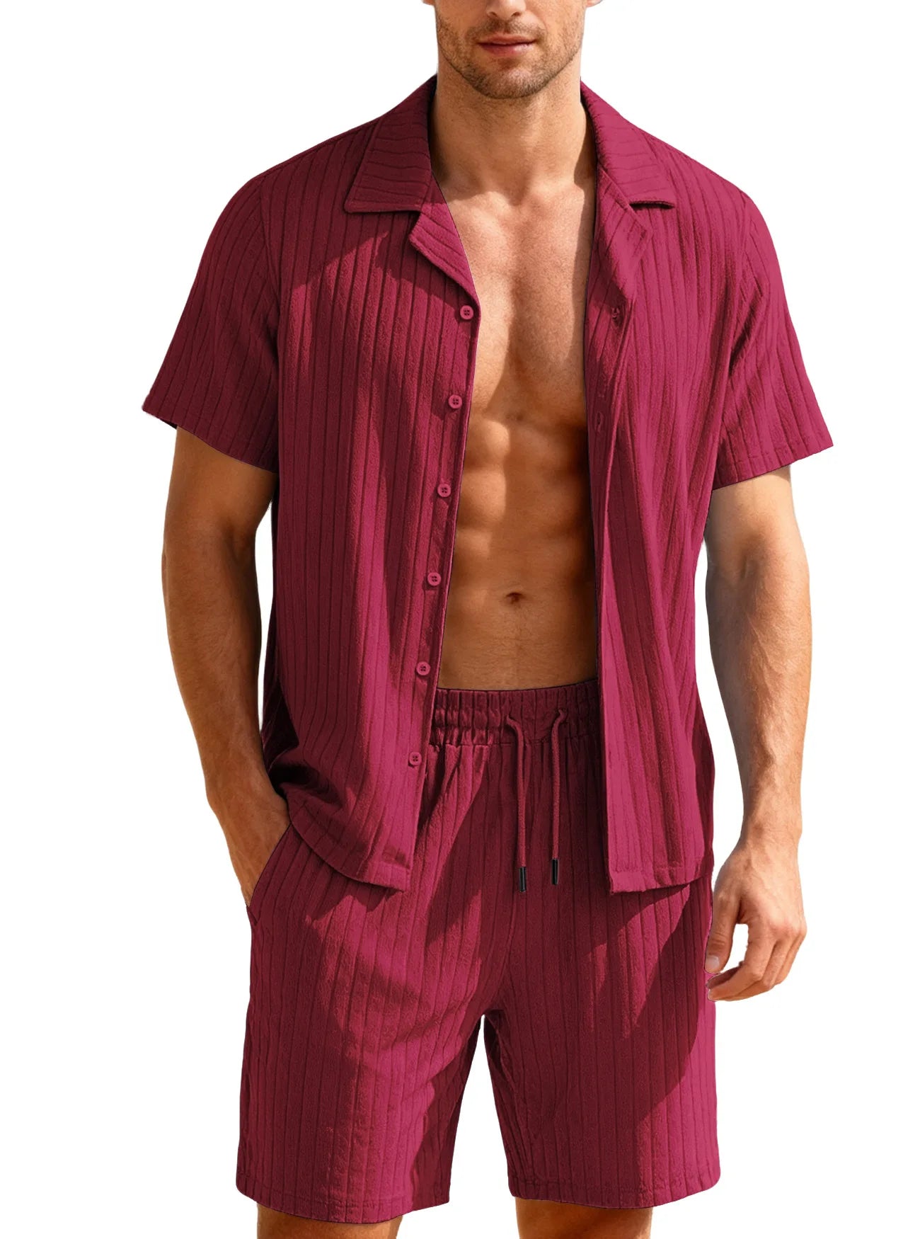 Commuting Casual Buttoned Shirt Short Suits Sleeve Men's Vacation Beach Short Summer Summer Tracksuits Cardigan Shorts Sets