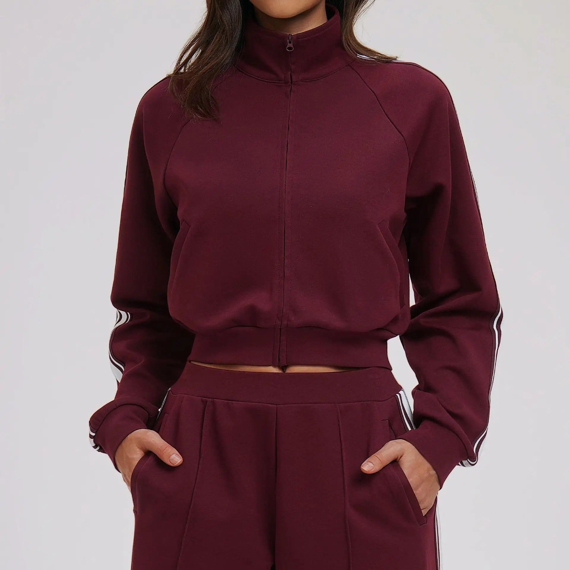 Women Casual Autumn Spring Solid Lace Sports 2-Piece Set Stand Neck Crop Top Full Sleeve High Waist Elastic Waist Pants