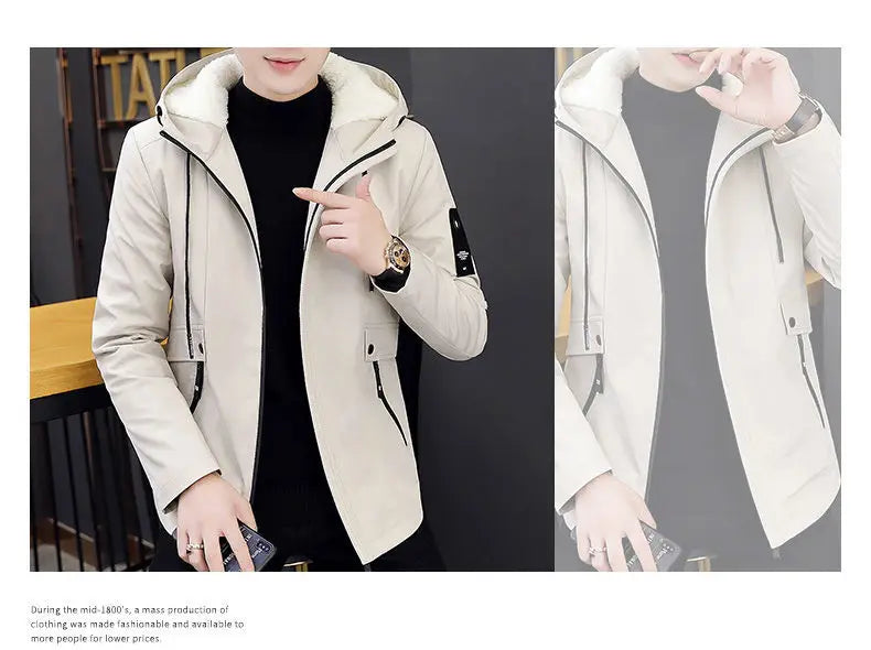 New Trench Coat Men's Solid Color Hooded Jacket Young and Middle-Aged Korean Style Slim Fit Jacket Casual Long Tops Parkas Coats