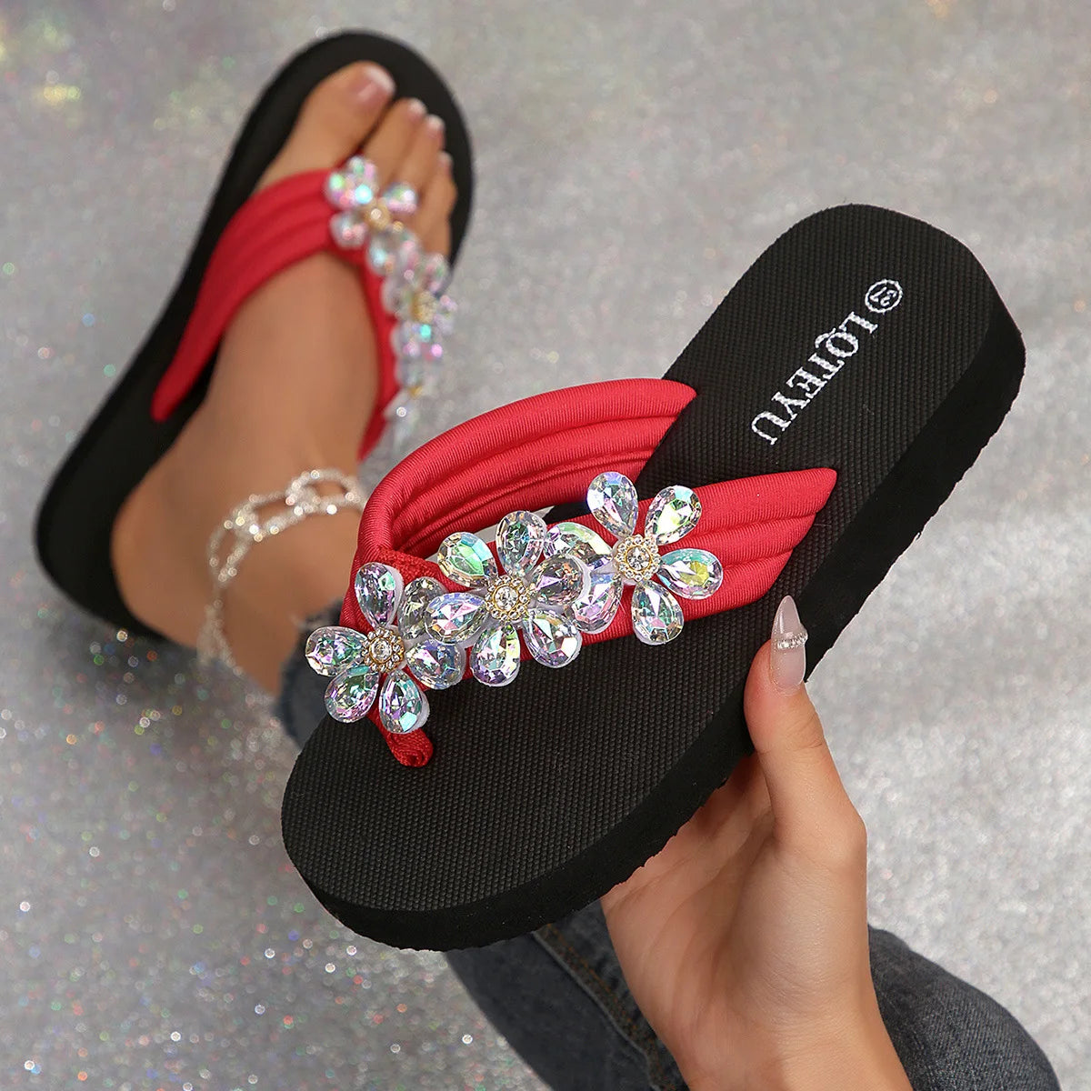 Large-Size Womens Shoes Foreign Trade Platform Flip-Flops Butterfly Rhinestone Canvas Upper Summer Cross-Border Best-Seller