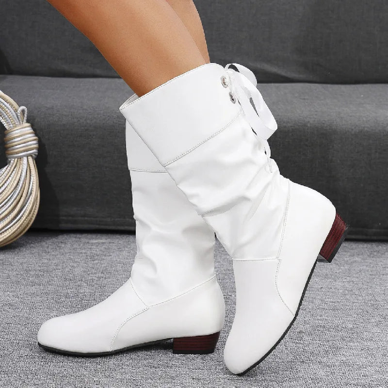Tie up Slim High Western Style Height Increasing Boots Autumn Winter White Student Thick Heeled PU