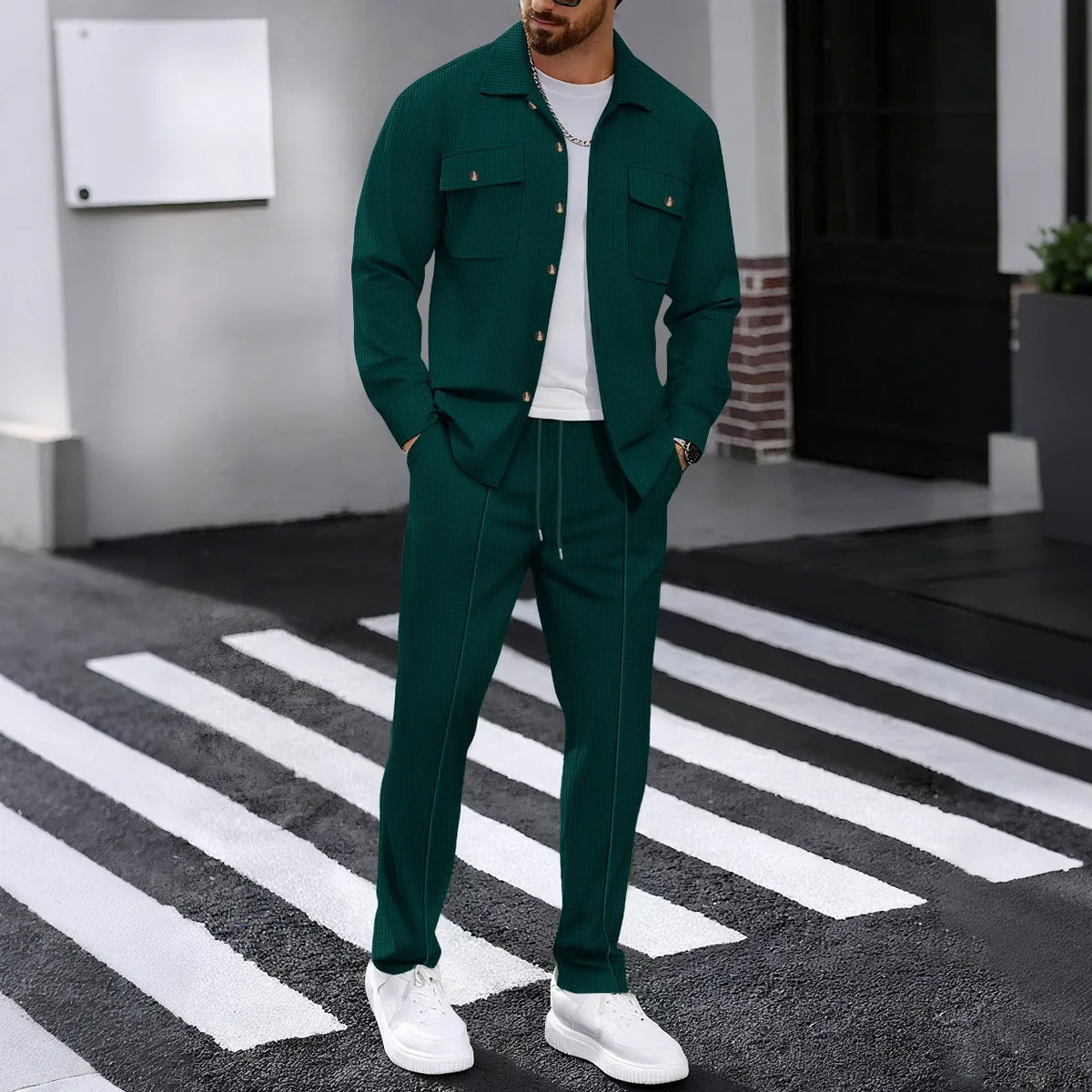 Autumn New Style High-quality Breathable Men's Waffle Long-Sleeved Pants Casual Double-Pocket Workwear Jacket Set