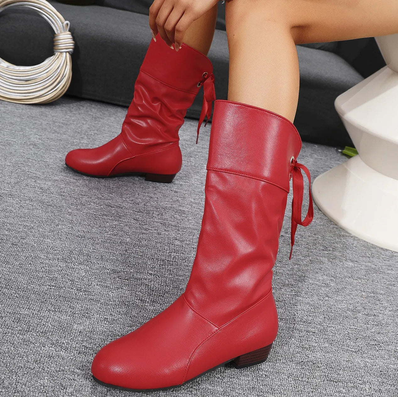 Tie up Slim High Western Style Height Increasing Boots Autumn Winter White Student Thick Heeled PU