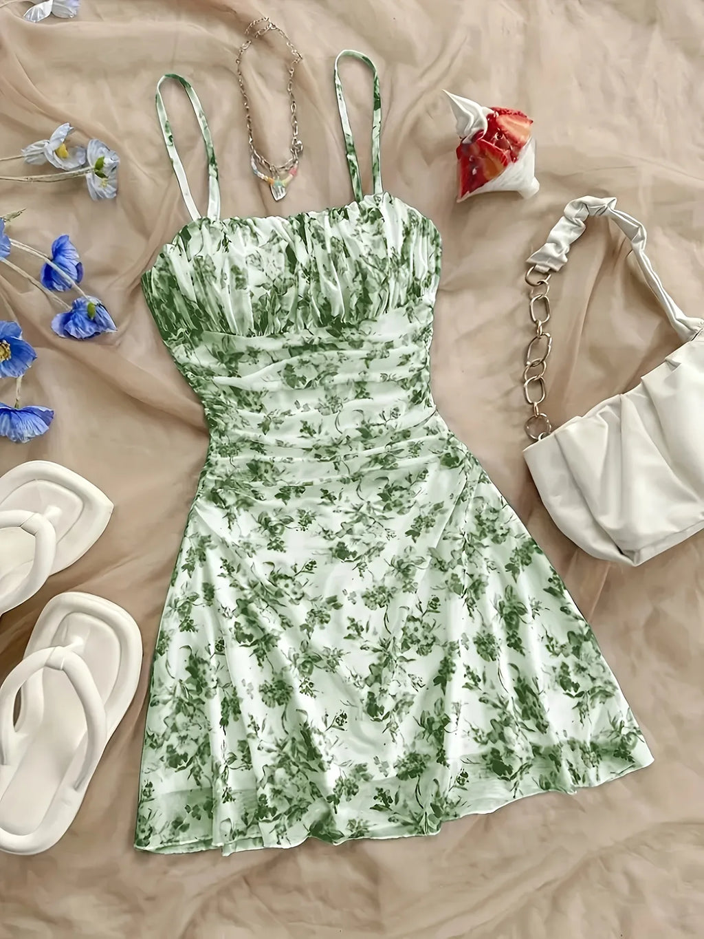 French Style Sweet Empire Waist Floral Strappy Dress Slim Fit Summer Casual Short Skirt