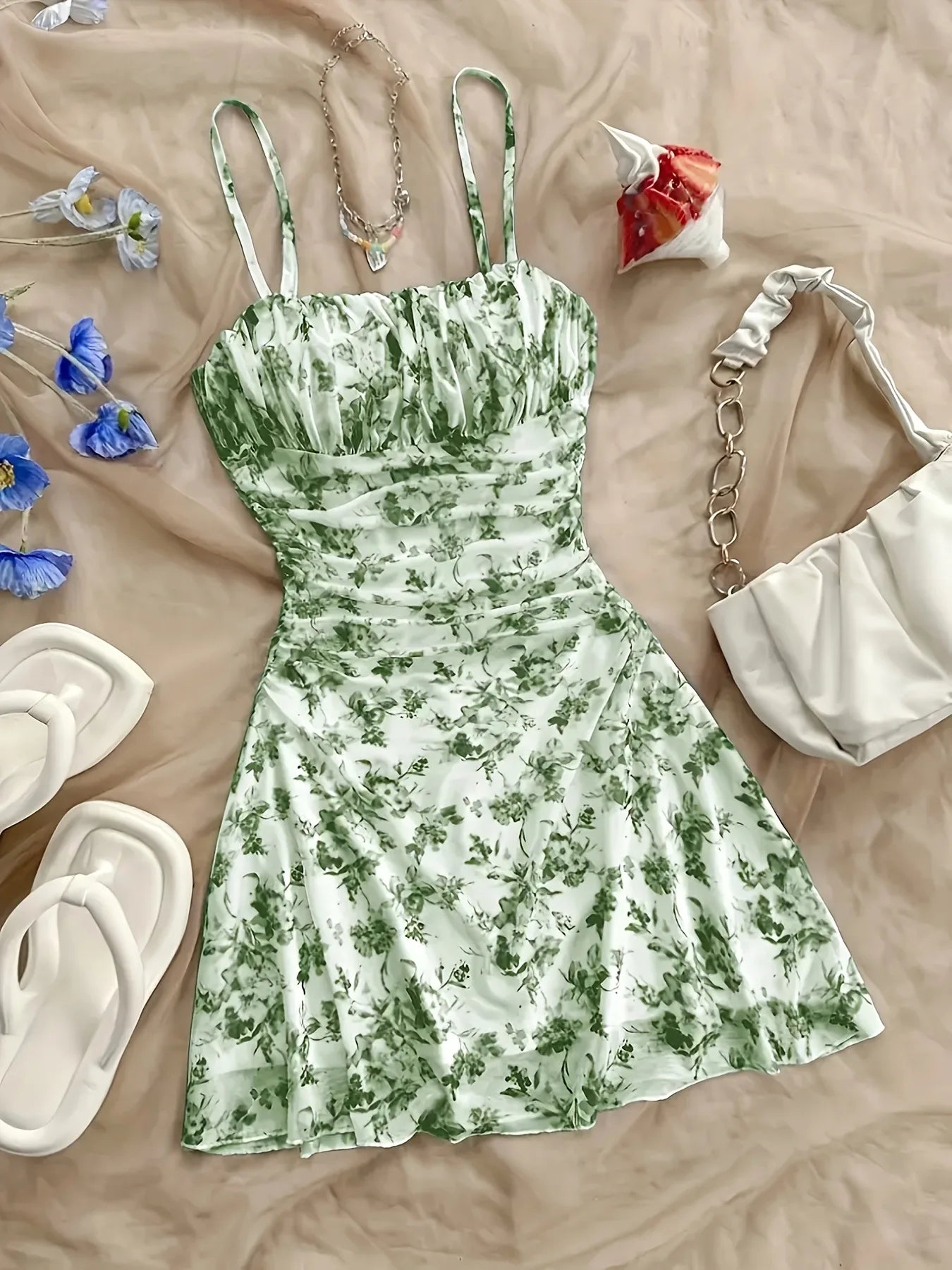 French Style Sweet Empire Waist Floral Strappy Dress Slim Fit Summer Casual Short Skirt