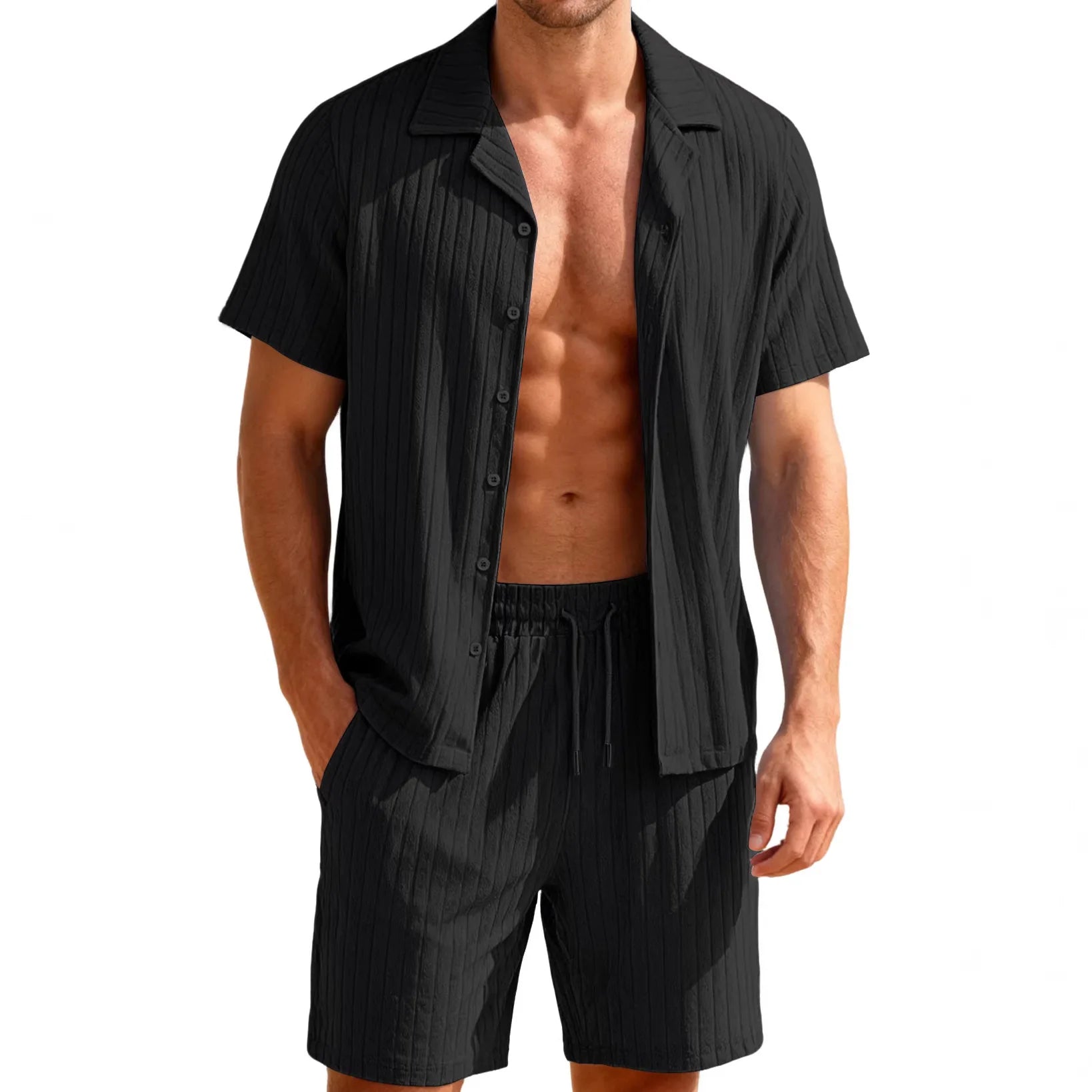 Commuting Casual Buttoned Shirt Short Suits Sleeve Men's Vacation Beach Short Summer Summer Tracksuits Cardigan Shorts Sets