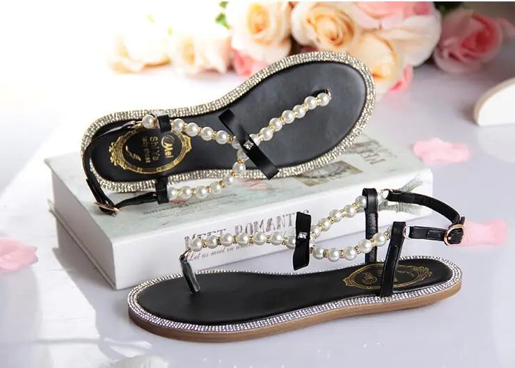 Pearl Sandals women Ladies Summer Bohemia Beach Sandal String Bead Casual Buckle Strap Flat Shoes Open Toe Shoes woman Flip Flop