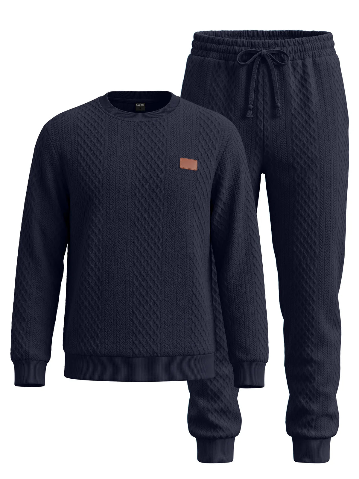 Soft Warm Jacquard Fleece Crew Neck Drawstring 2 Piece Men Long Sleeve Daily Training Tracksuit Set