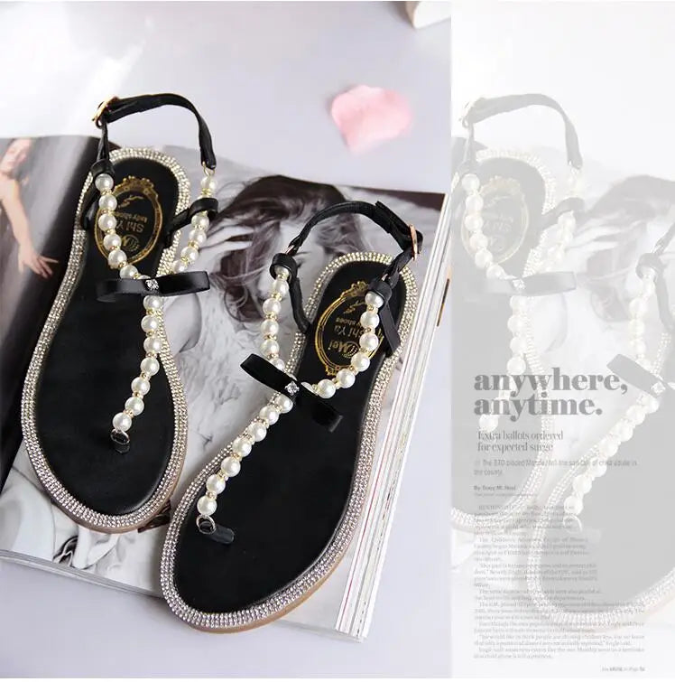 Pearl Sandals women Ladies Summer Bohemia Beach Sandal String Bead Casual Buckle Strap Flat Shoes Open Toe Shoes woman Flip Flop