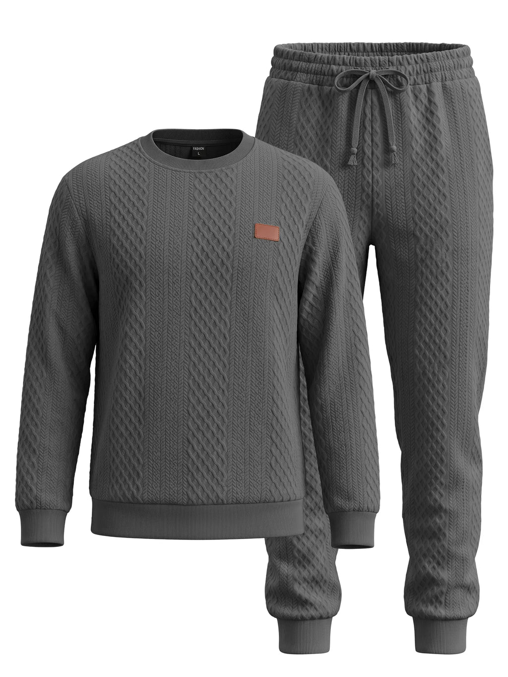 Soft Warm Jacquard Fleece Crew Neck Drawstring 2 Piece Men Long Sleeve Daily Training Tracksuit Set