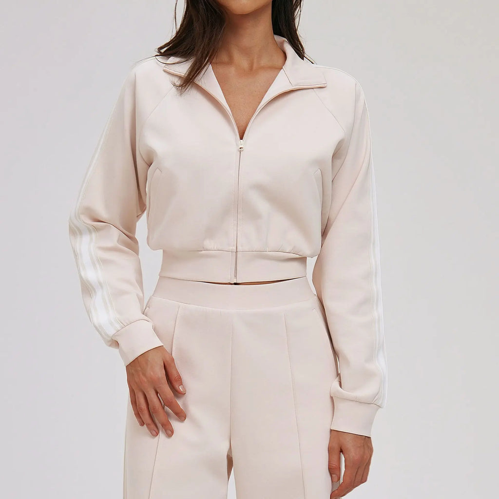 Women Casual Autumn Spring Solid Lace Sports 2-Piece Set Stand Neck Crop Top Full Sleeve High Waist Elastic Waist Pants