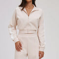Women Casual Autumn Spring Solid Lace Sports 2-Piece Set Stand Neck Crop Top Full Sleeve High Waist Elastic Waist Pants