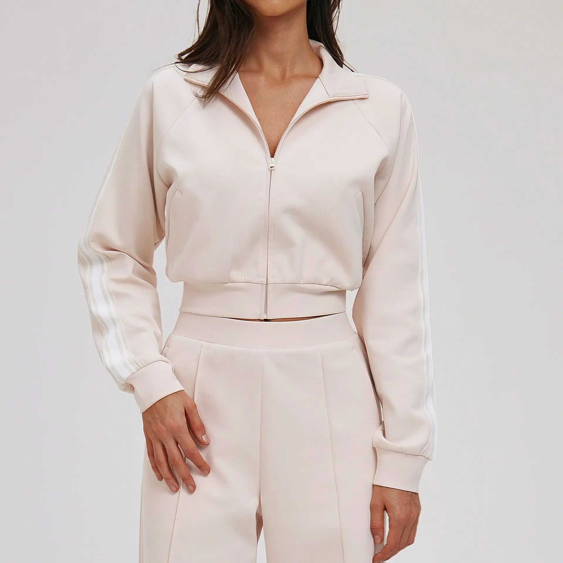 Women Casual Autumn Spring Solid Lace Sports 2-Piece Set Stand Neck Crop Top Full Sleeve High Waist Elastic Waist Pants