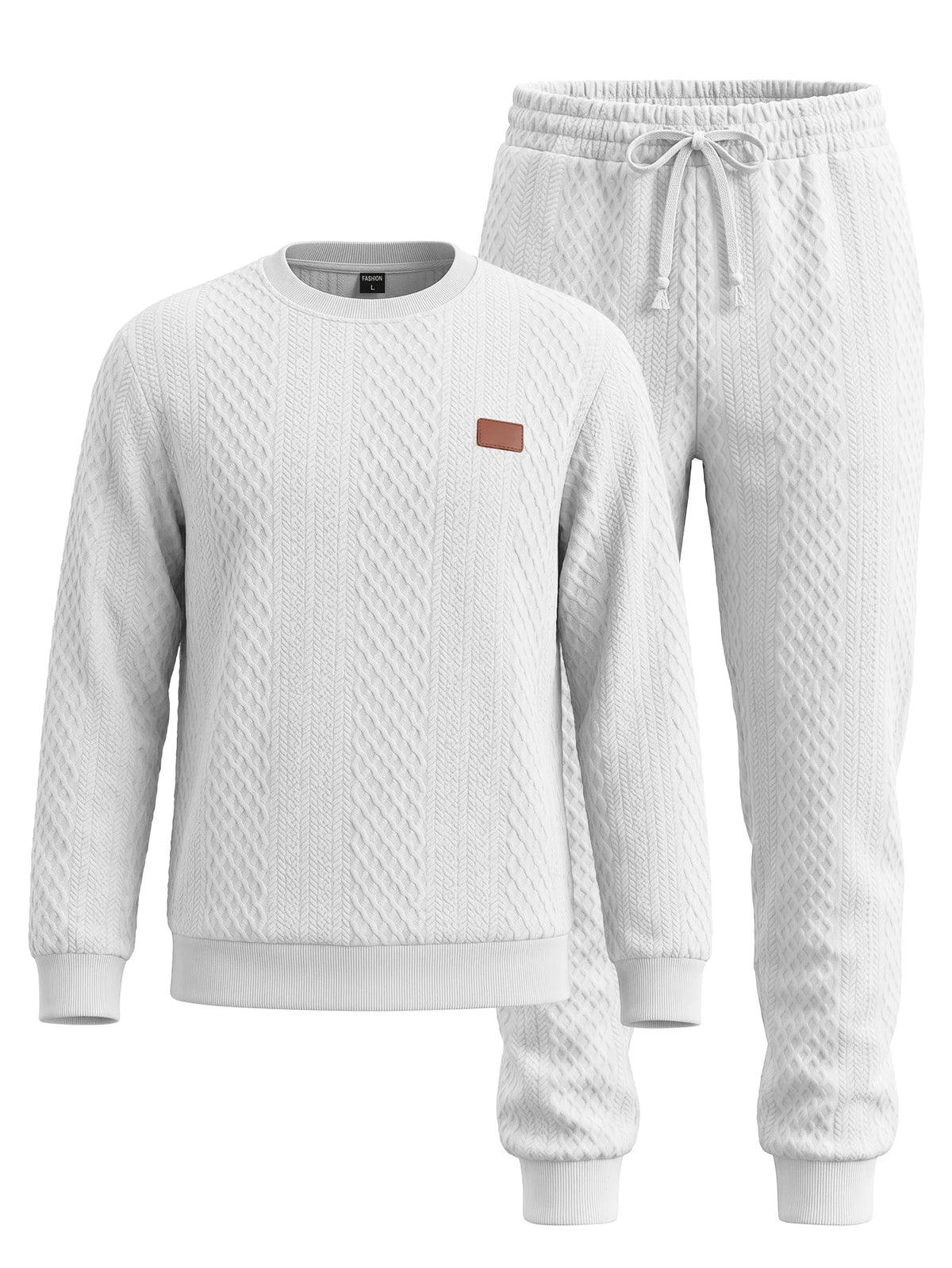 Soft Warm Jacquard Fleece Crew Neck Drawstring 2 Piece Men Long Sleeve Daily Training Tracksuit Set