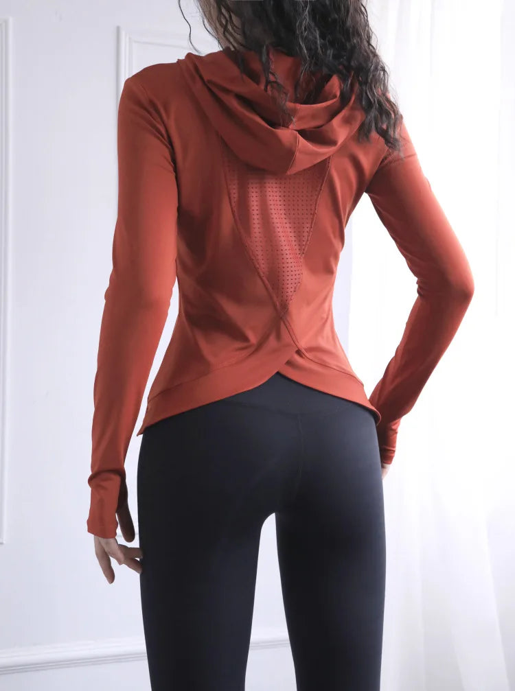 Women Back Forked Yoga Shirt Long Sleeve Thumb Hole Running T-shirt Mesh Breathable Sport Hoodies Fitness Top Gym Workout Blouse