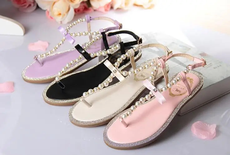 Pearl Sandals women Ladies Summer Bohemia Beach Sandal String Bead Casual Buckle Strap Flat Shoes Open Toe Shoes woman Flip Flop